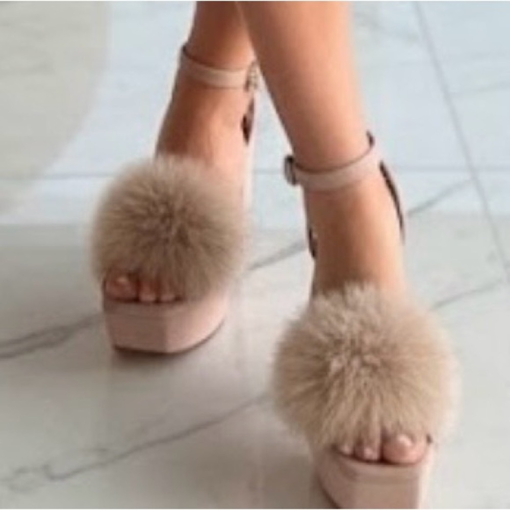 Liliana Selina-1 Nude Pink Pom Pom Platform 5” Block Heels Bratz Y2K Shoes 6.5